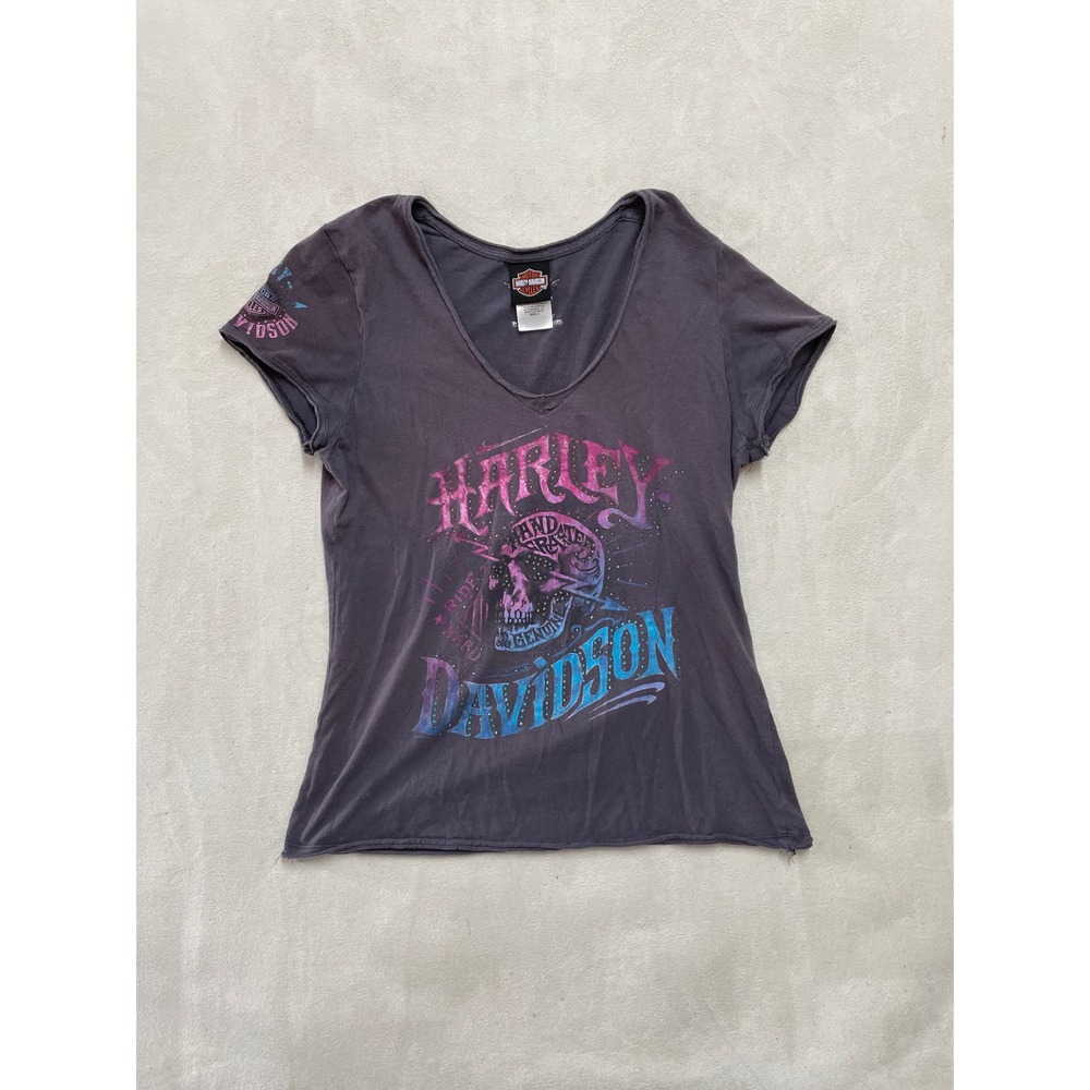 Harley Davidson Womens Gray Skull Graphic V-Neck T-Shirt Rhinestone Waco TX L